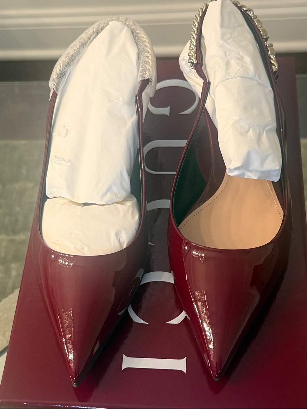 Gucci Burgundy Patent Slingback Kitten Heel Pumps with Gold Accent